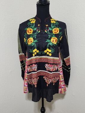 NWT Ethnic Indian Wear Folk/Tribal Style Floral Embroidered Tunic Blouse Sz XS